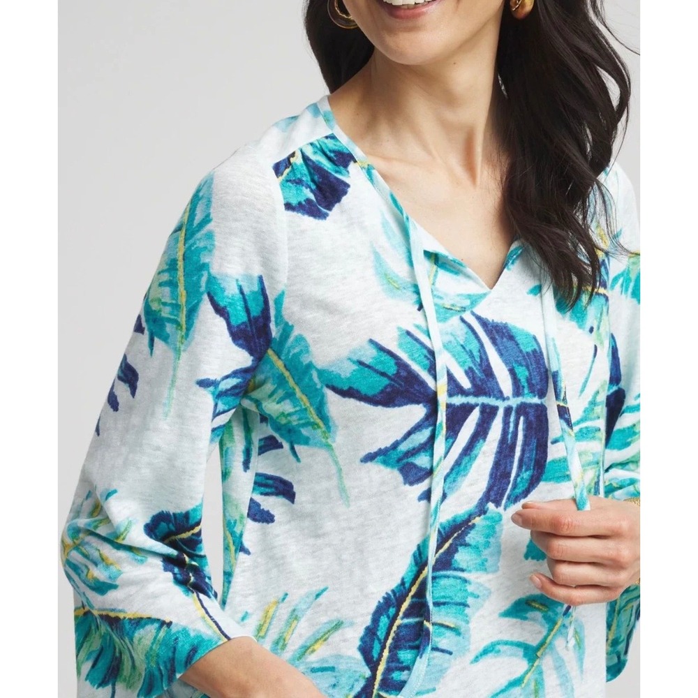 Chico's Women Size 3 XL Blue Green Tropical Palm Leaf 100% Linen Tie Neck Top